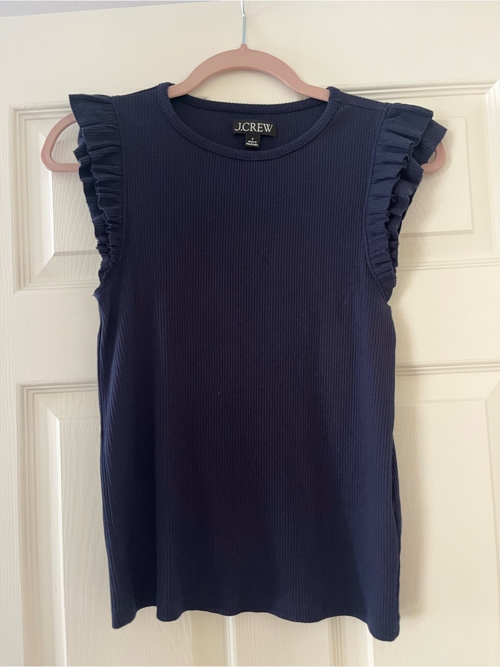 J. Crew Navy Ribbed Ruffle Sleeve Tank